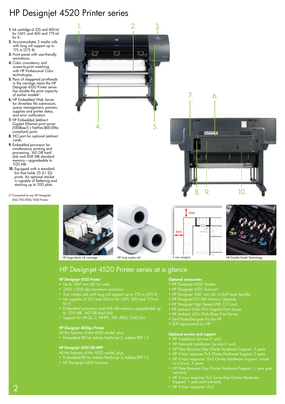 Hp designjet 4520 printer series, Hp designjet 4520 printer series at a glance | HP 4520 User Manual | Page 2 / 4