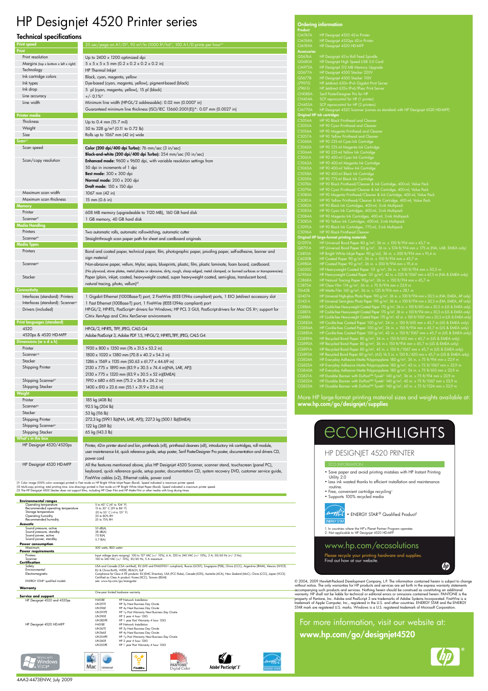 Hp designjet 4520 printer series, Hp designjet 4520 printer, Technical specifications | HP 4520 User Manual | Page 4 / 4