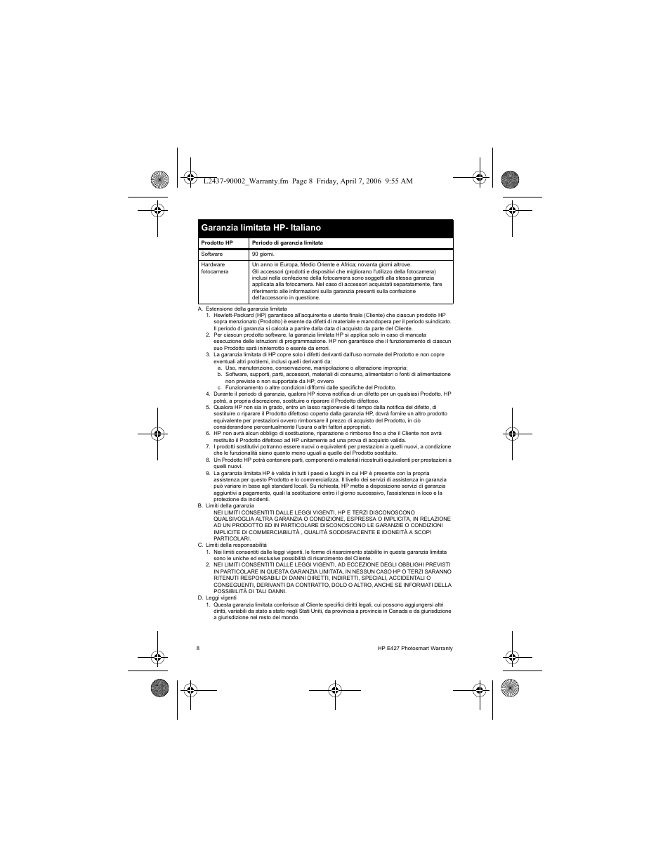 Garanzia limitata hp- italiano | HP SNPRB-0603 User Manual | Page 10 / 72