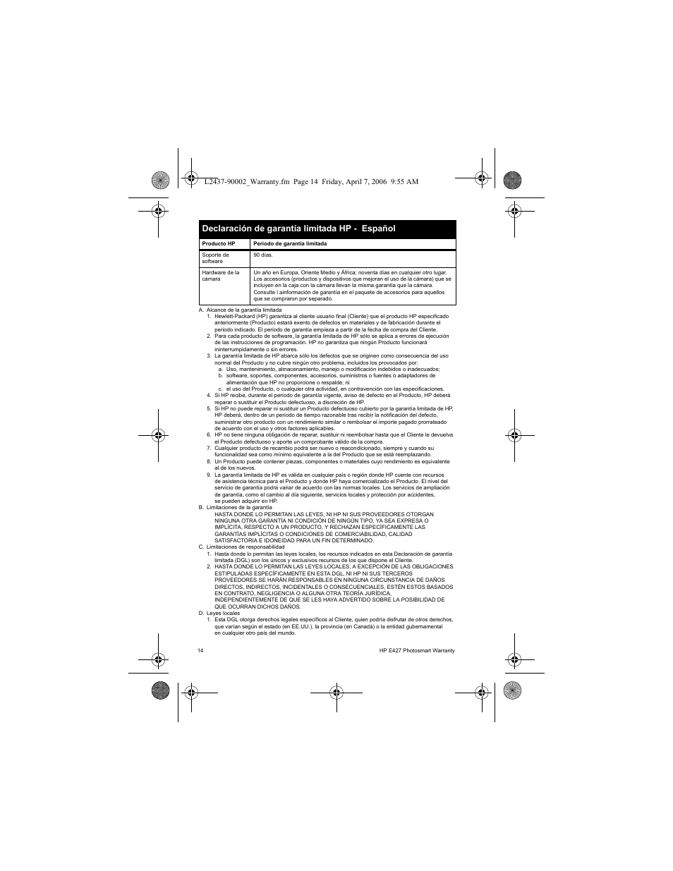 Declaración de garantía limitada hp - español | HP SNPRB-0603 User Manual | Page 16 / 72