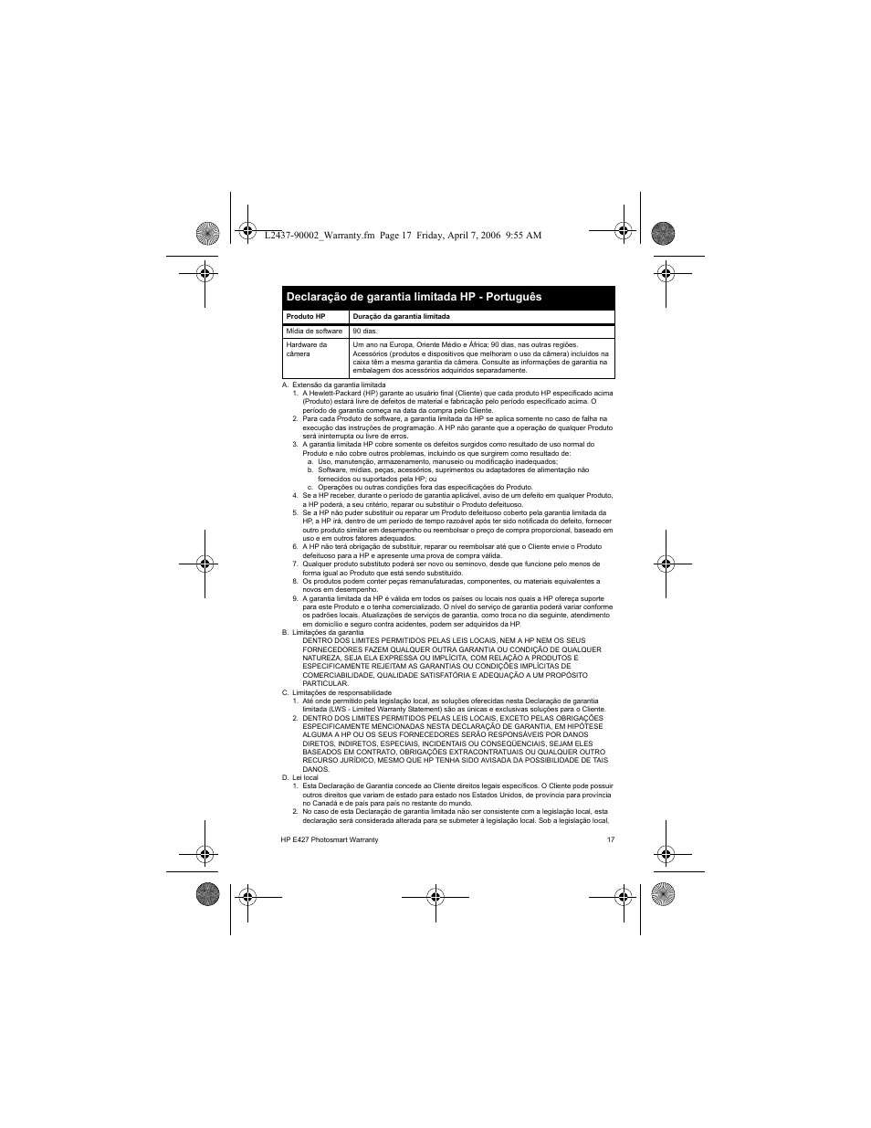 Declaração de garantia limitada hp - português | HP SNPRB-0603 User Manual | Page 19 / 72