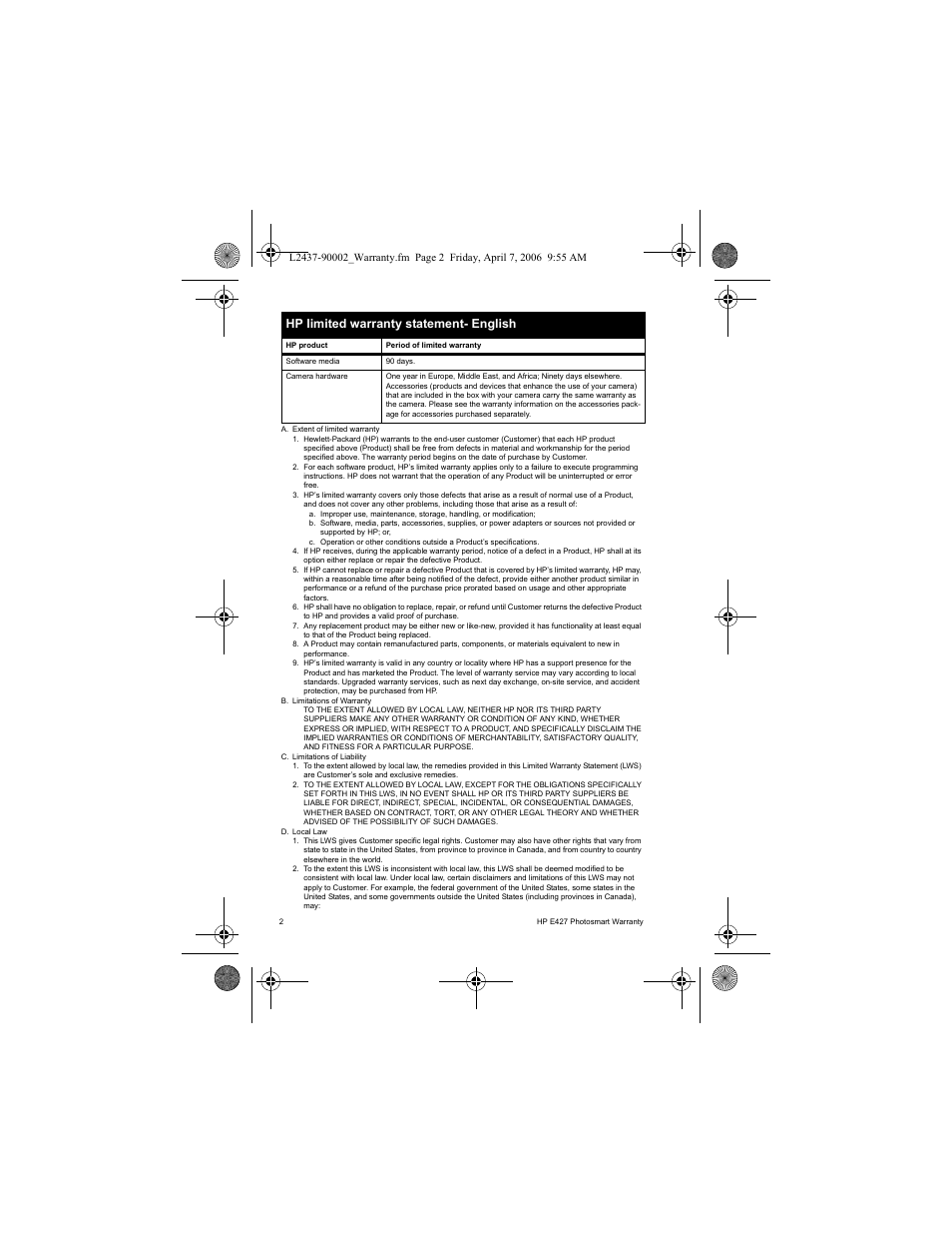 Hp limited warranty statement- english | HP SNPRB-0603 User Manual | Page 4 / 72