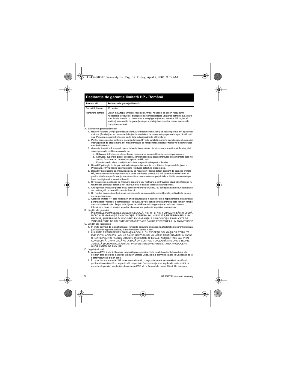 Declaraţie de garanţie limitată hp - română | HP SNPRB-0603 User Manual | Page 40 / 72