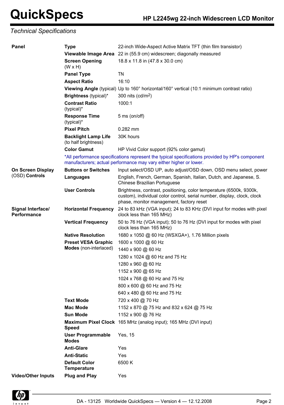 Technical specifications, Quickspecs | HP 22 INch Widescreen LCD Monitor L2245wg User Manual | Page 2 / 7
