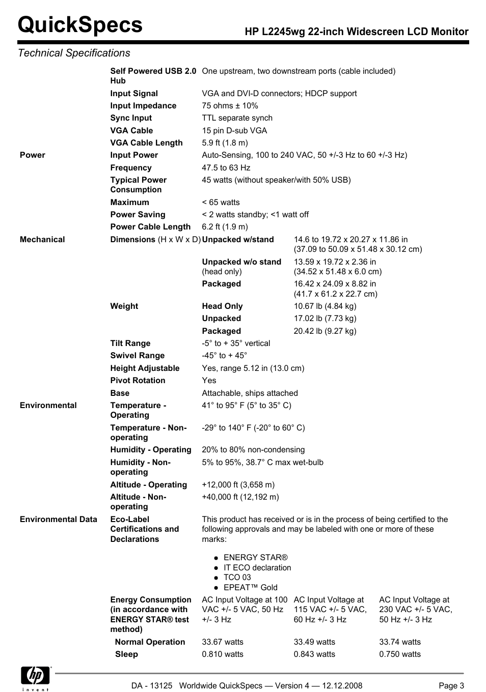 Quickspecs | HP 22 INch Widescreen LCD Monitor L2245wg User Manual | Page 3 / 7