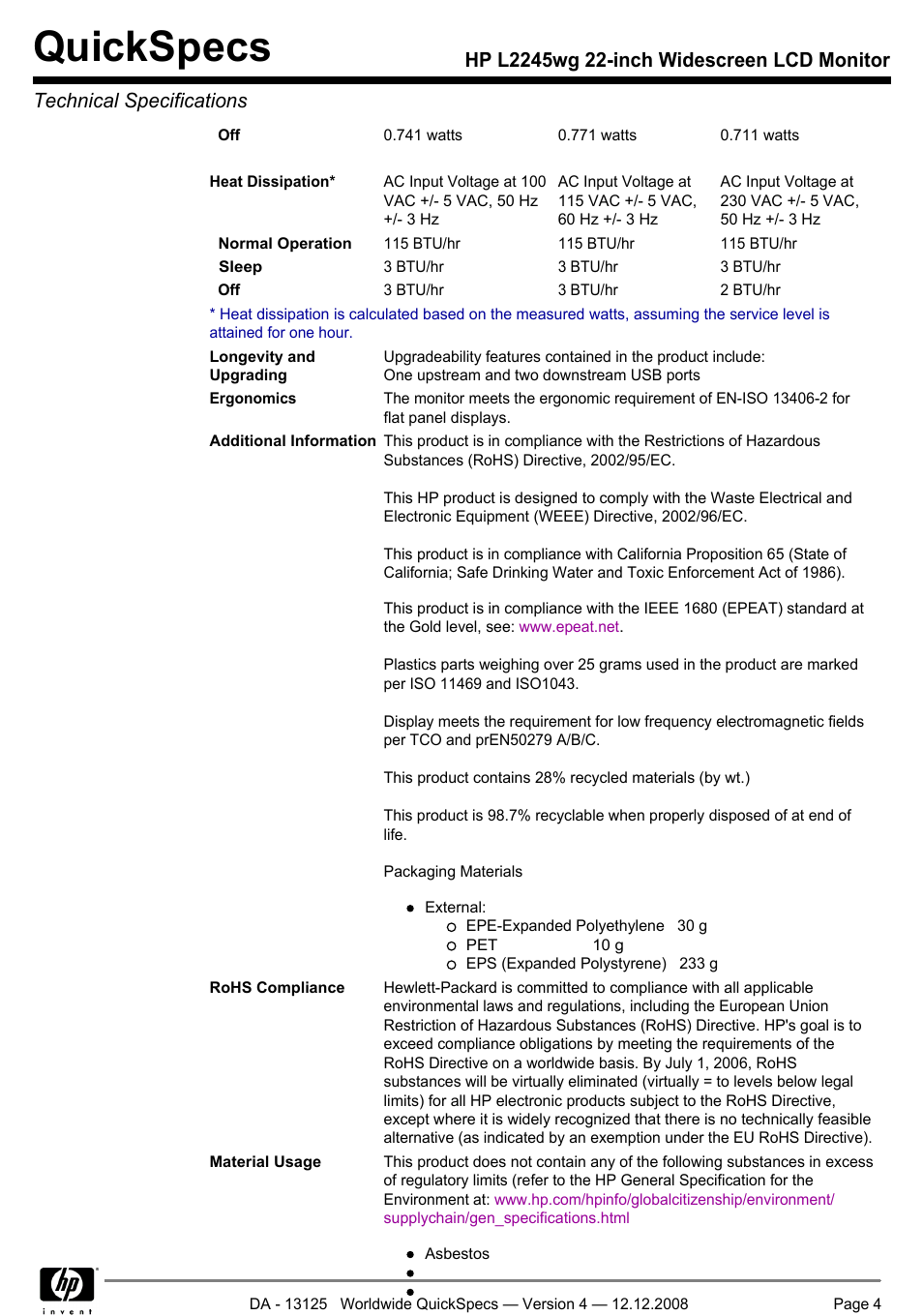 Quickspecs | HP 22 INch Widescreen LCD Monitor L2245wg User Manual | Page 4 / 7