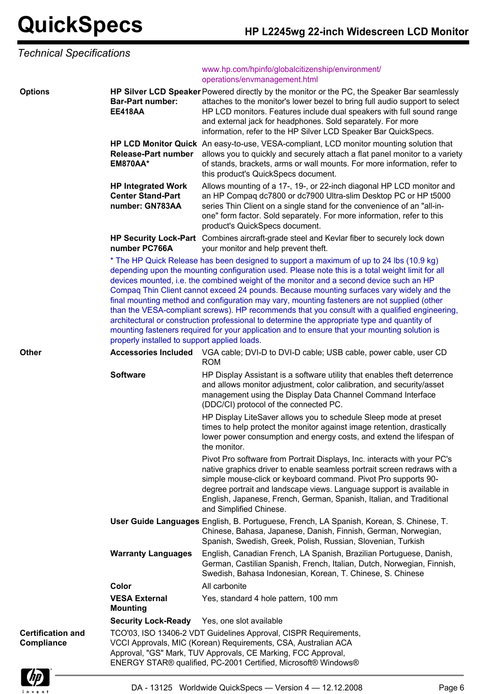 Quickspecs | HP 22 INch Widescreen LCD Monitor L2245wg User Manual | Page 6 / 7