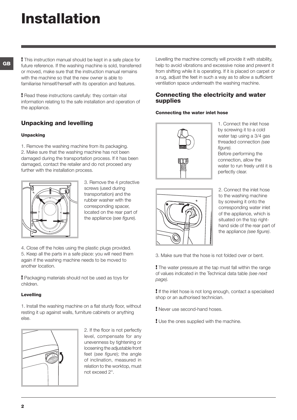 Installation | Indesit PWE 81472S User Manual | Page 2 / 84