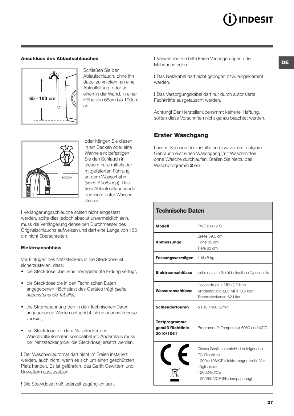 Erster waschgang, Technische daten | Indesit PWE 81472S User Manual | Page 27 / 84