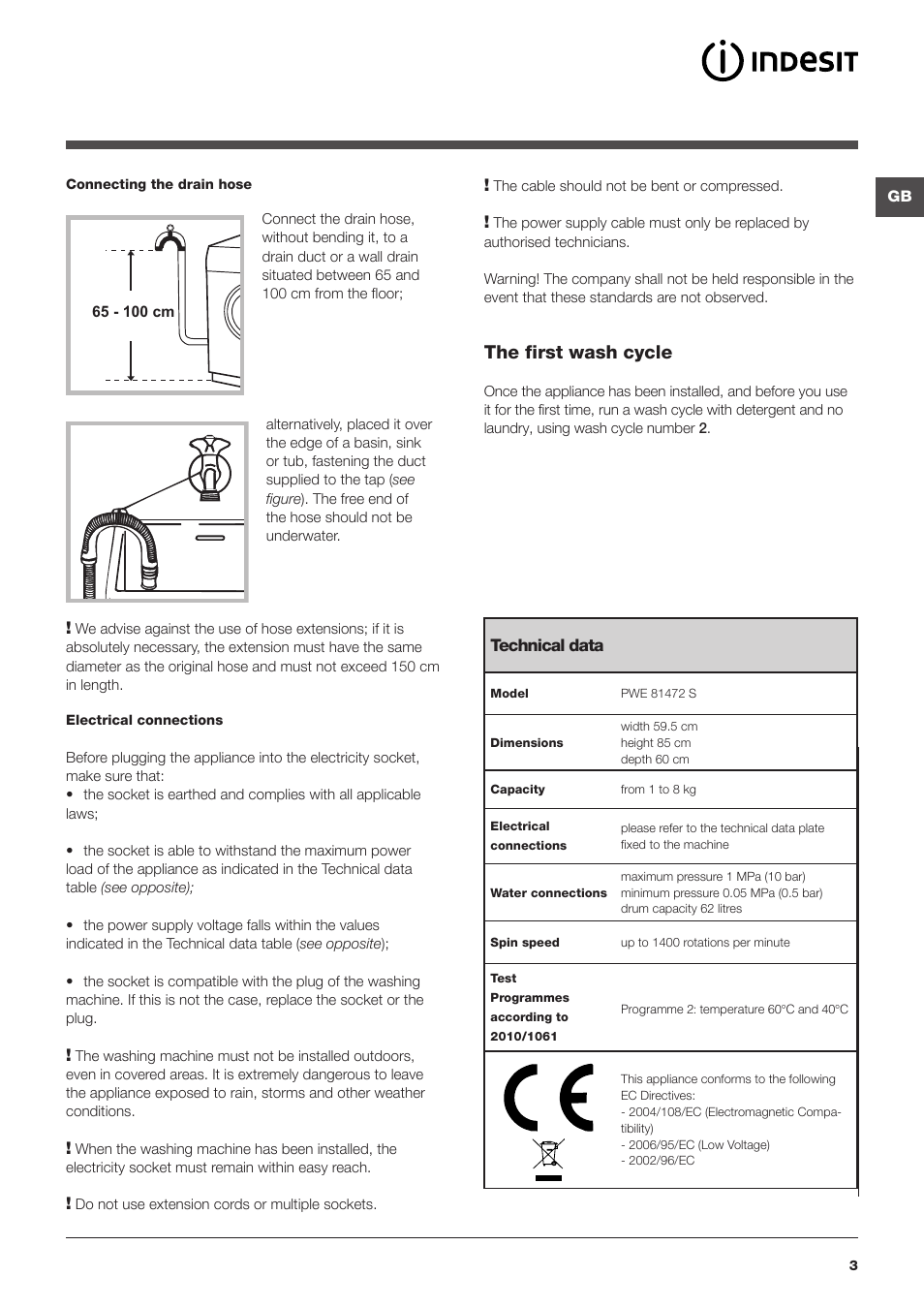 The first wash cycle | Indesit PWE 81472S User Manual | Page 3 / 84