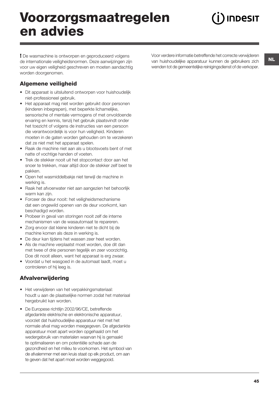 Voorzorgsmaatregelen en advies | Indesit PWE 81472S User Manual | Page 45 / 84