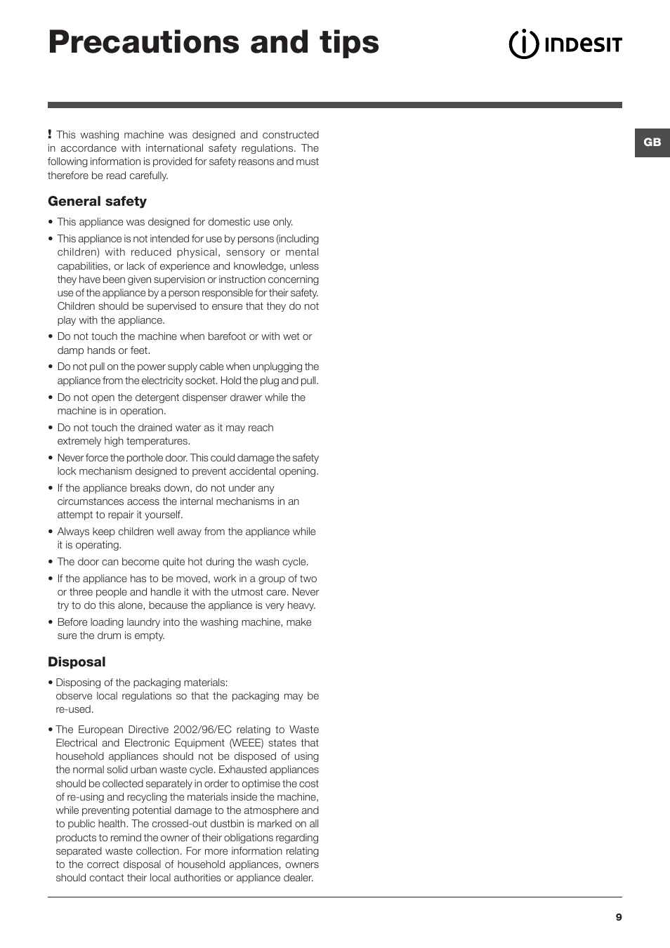Precautions and tips | Indesit PWE 81472S User Manual | Page 9 / 84