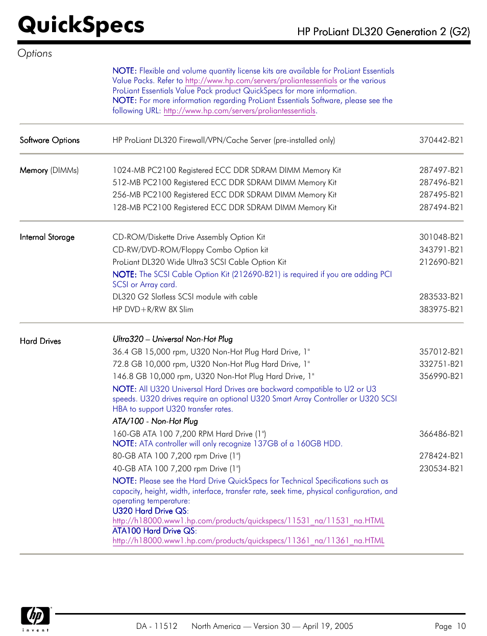 Quickspecs | HP ProLiant DL320 User Manual | Page 10 / 29