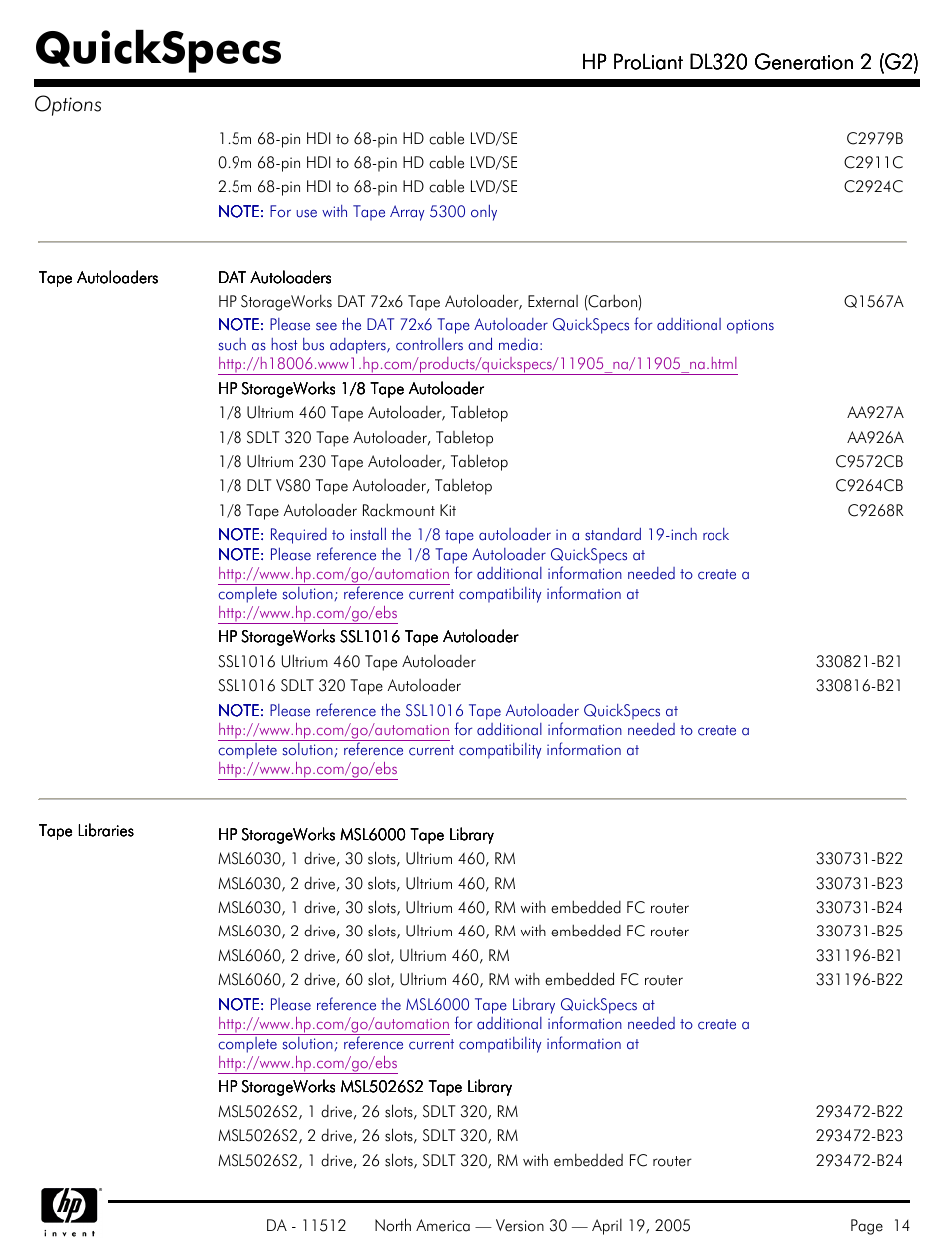 Quickspecs | HP ProLiant DL320 User Manual | Page 14 / 29