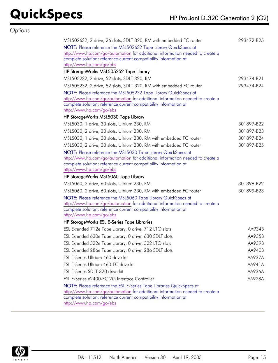Quickspecs | HP ProLiant DL320 User Manual | Page 15 / 29