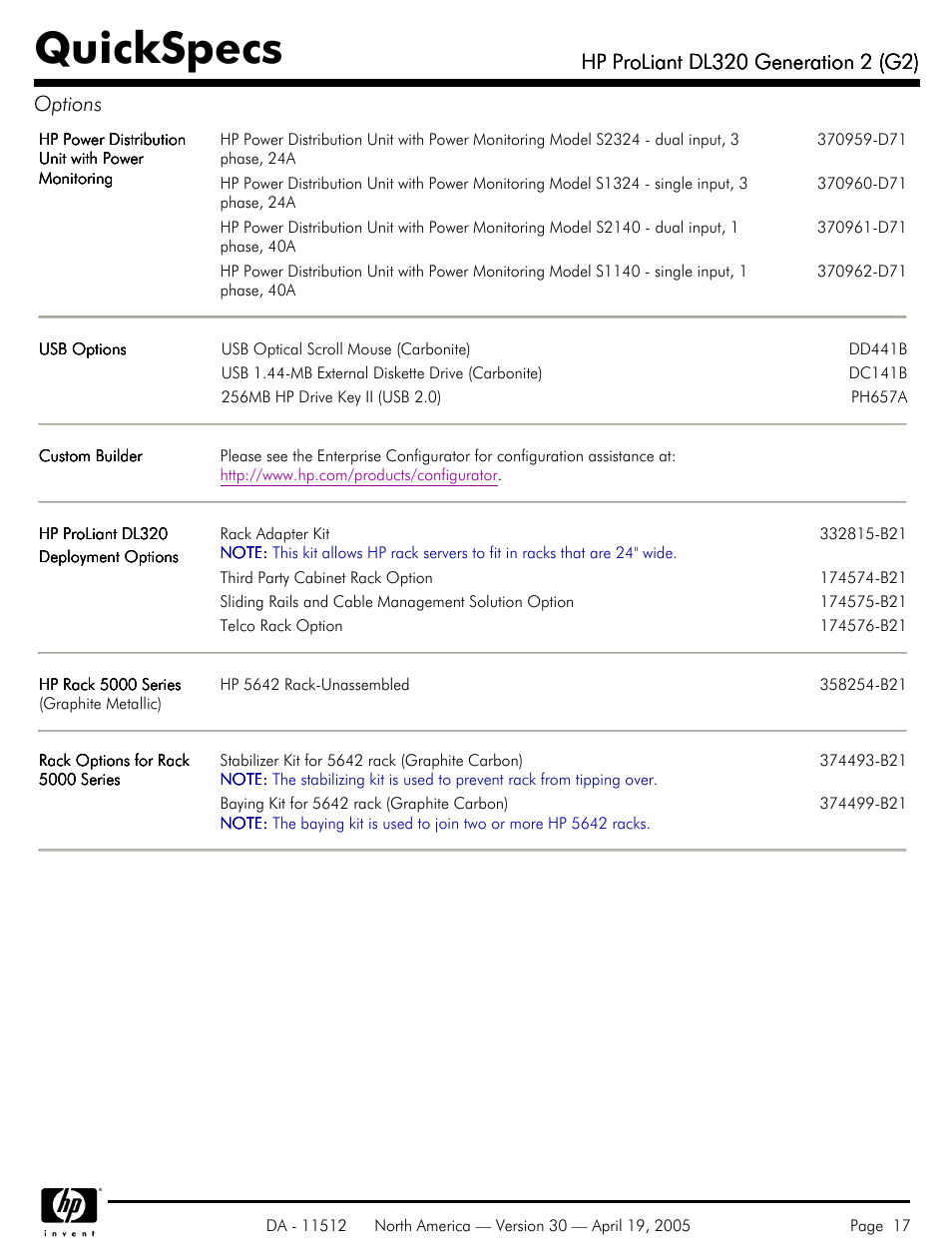 Quickspecs | HP ProLiant DL320 User Manual | Page 17 / 29