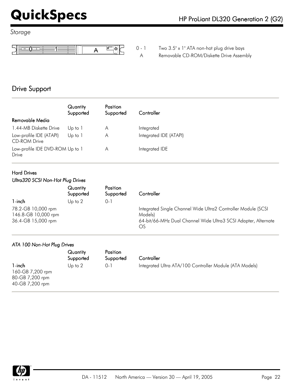 Storage, Quickspecs, Drive support | HP ProLiant DL320 User Manual | Page 22 / 29