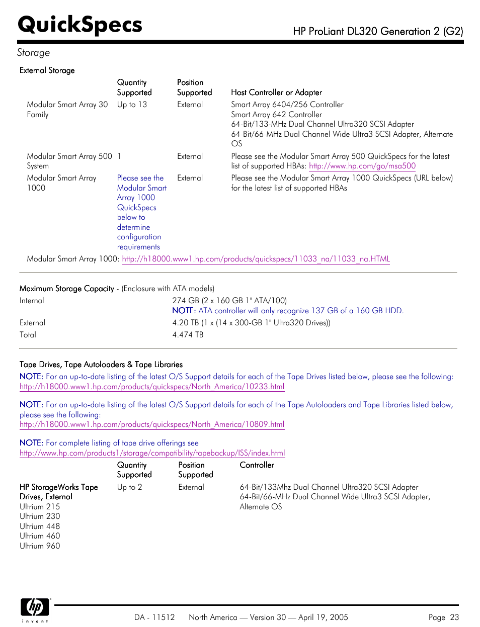 Quickspecs | HP ProLiant DL320 User Manual | Page 23 / 29