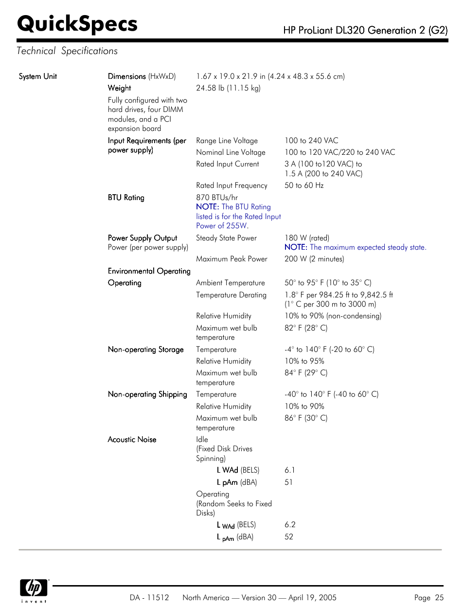 Technical€specifications, Quickspecs | HP ProLiant DL320 User Manual | Page 25 / 29