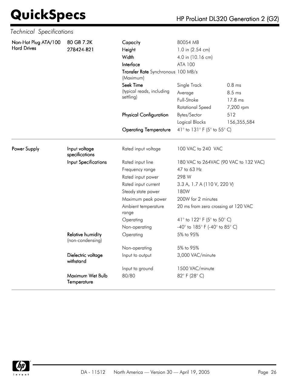 Quickspecs | HP ProLiant DL320 User Manual | Page 26 / 29