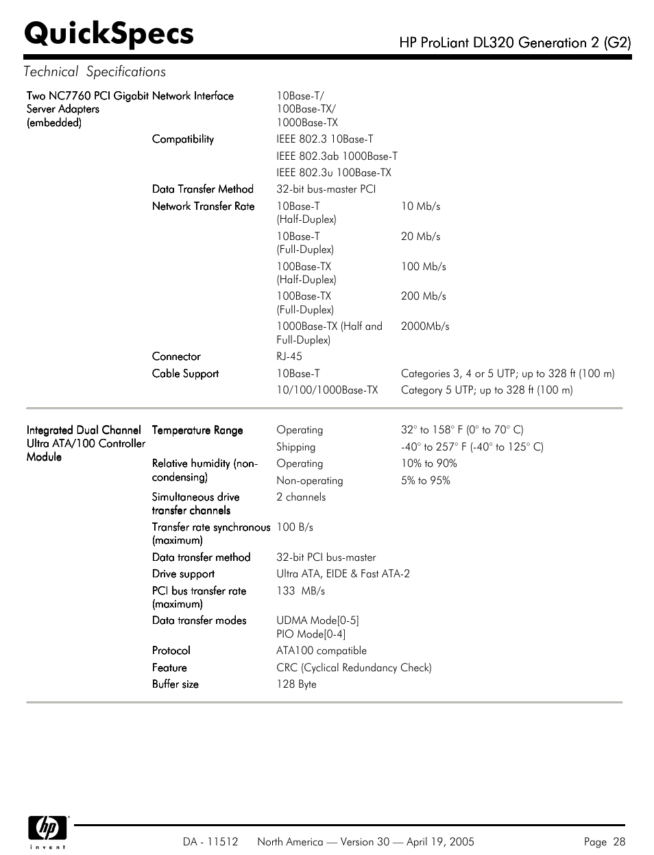 Quickspecs | HP ProLiant DL320 User Manual | Page 28 / 29