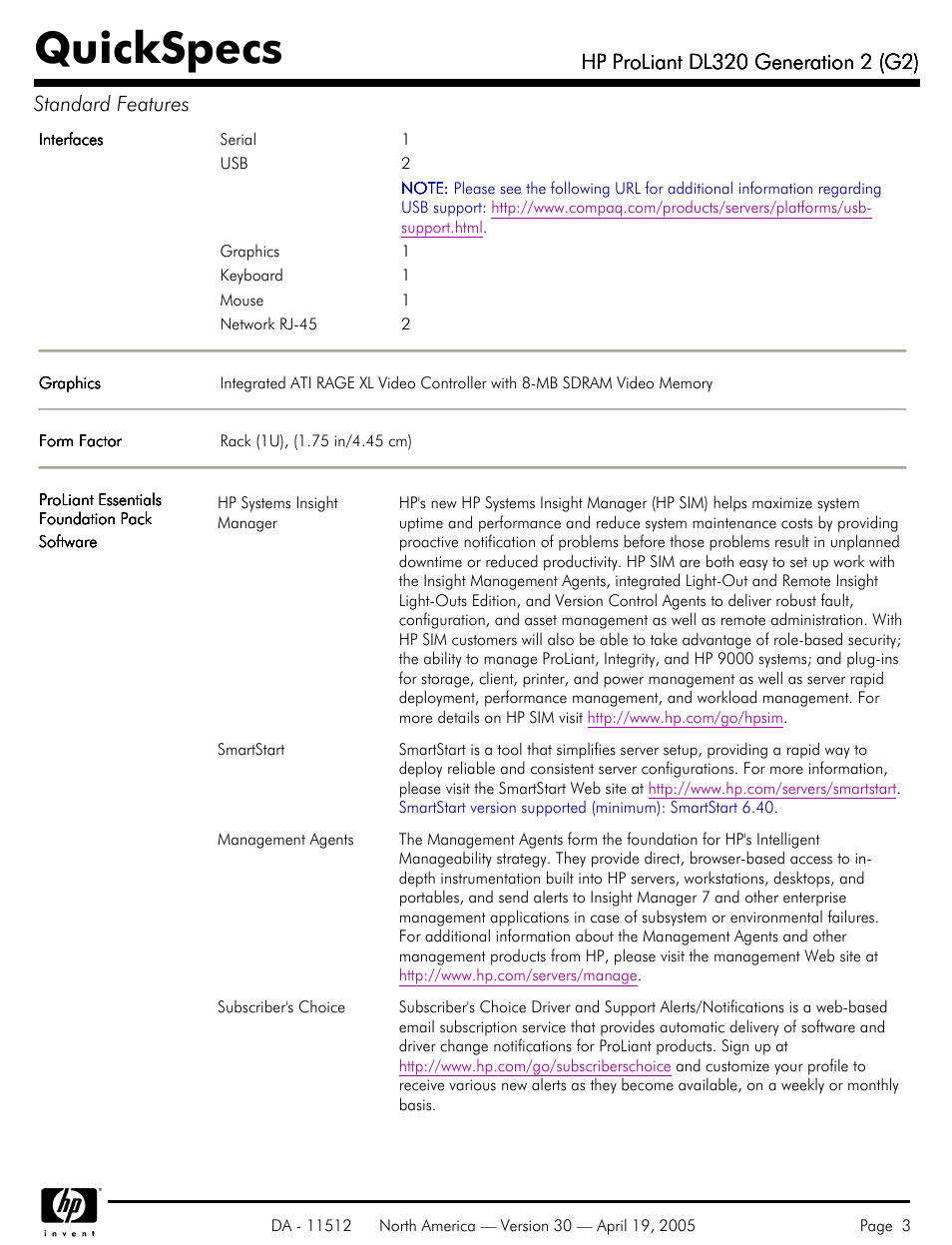 Quickspecs | HP ProLiant DL320 User Manual | Page 3 / 29
