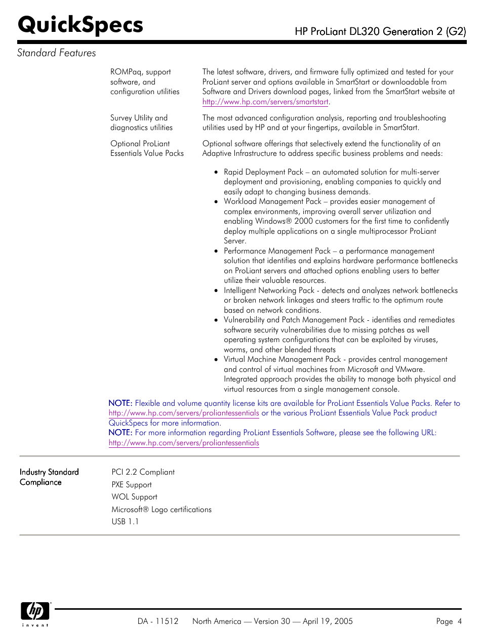 Quickspecs | HP ProLiant DL320 User Manual | Page 4 / 29