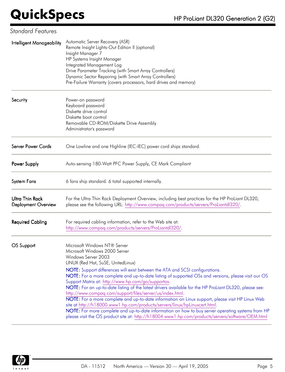 Quickspecs | HP ProLiant DL320 User Manual | Page 5 / 29