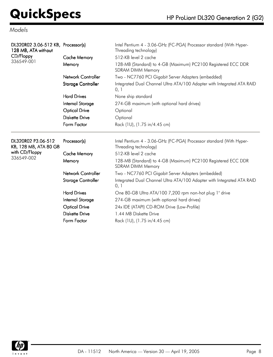Models, Quickspecs | HP ProLiant DL320 User Manual | Page 8 / 29