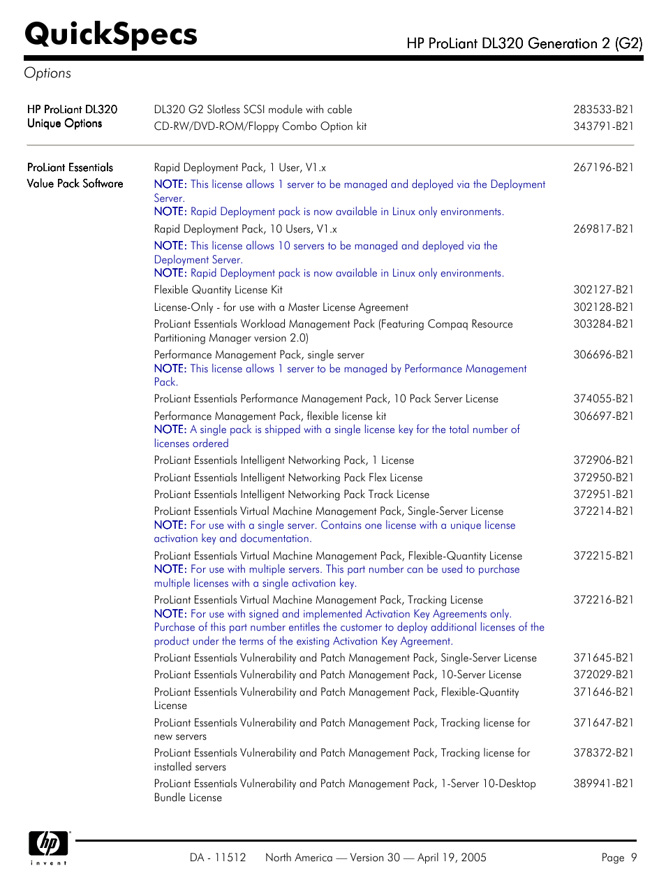 Options, Quickspecs | HP ProLiant DL320 User Manual | Page 9 / 29