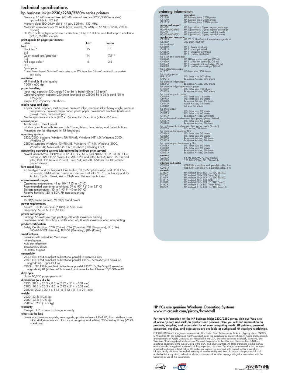 Technical specifications, Ordering information | HP 2230 User Manual | Page 4 / 4