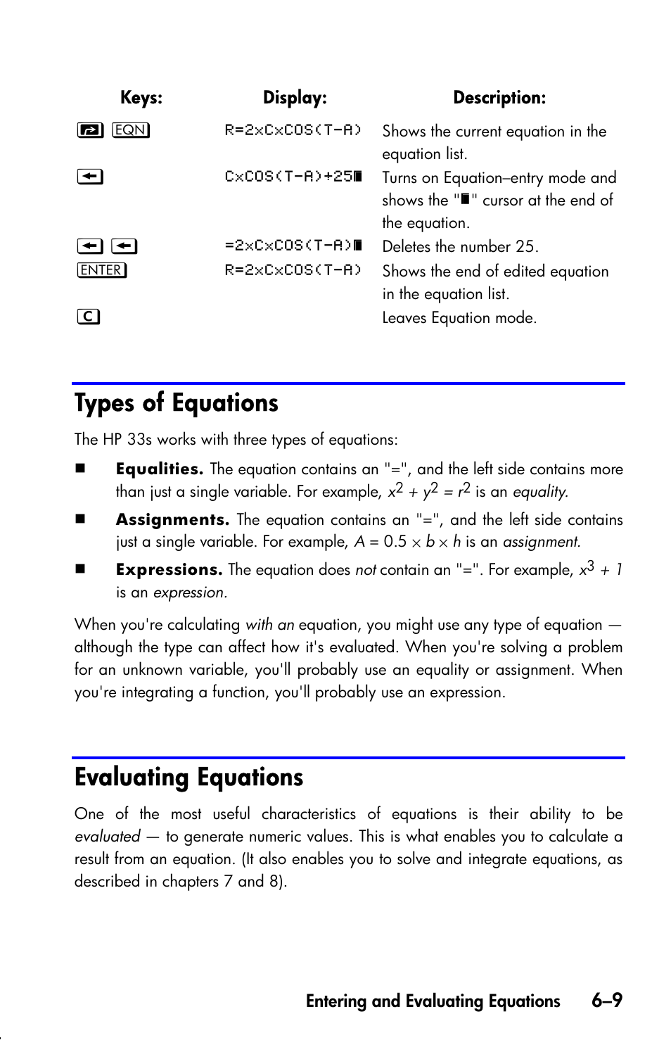 Types of equations, Evaluating equations | HP 33s User Manual | Page 101 / 387