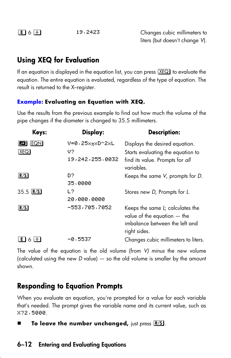 Using xeq for evaluation, Responding to equation prompts | HP 33s User Manual | Page 104 / 387