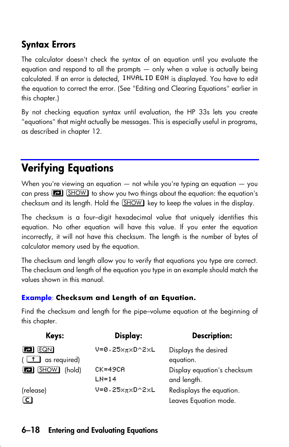 Syntax errors, Verifying equations | HP 33s User Manual | Page 110 / 387