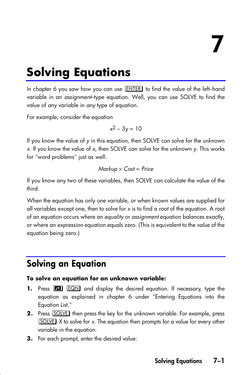 Solving equations, Solving an equation | HP 33s User Manual | Page 111 / 387