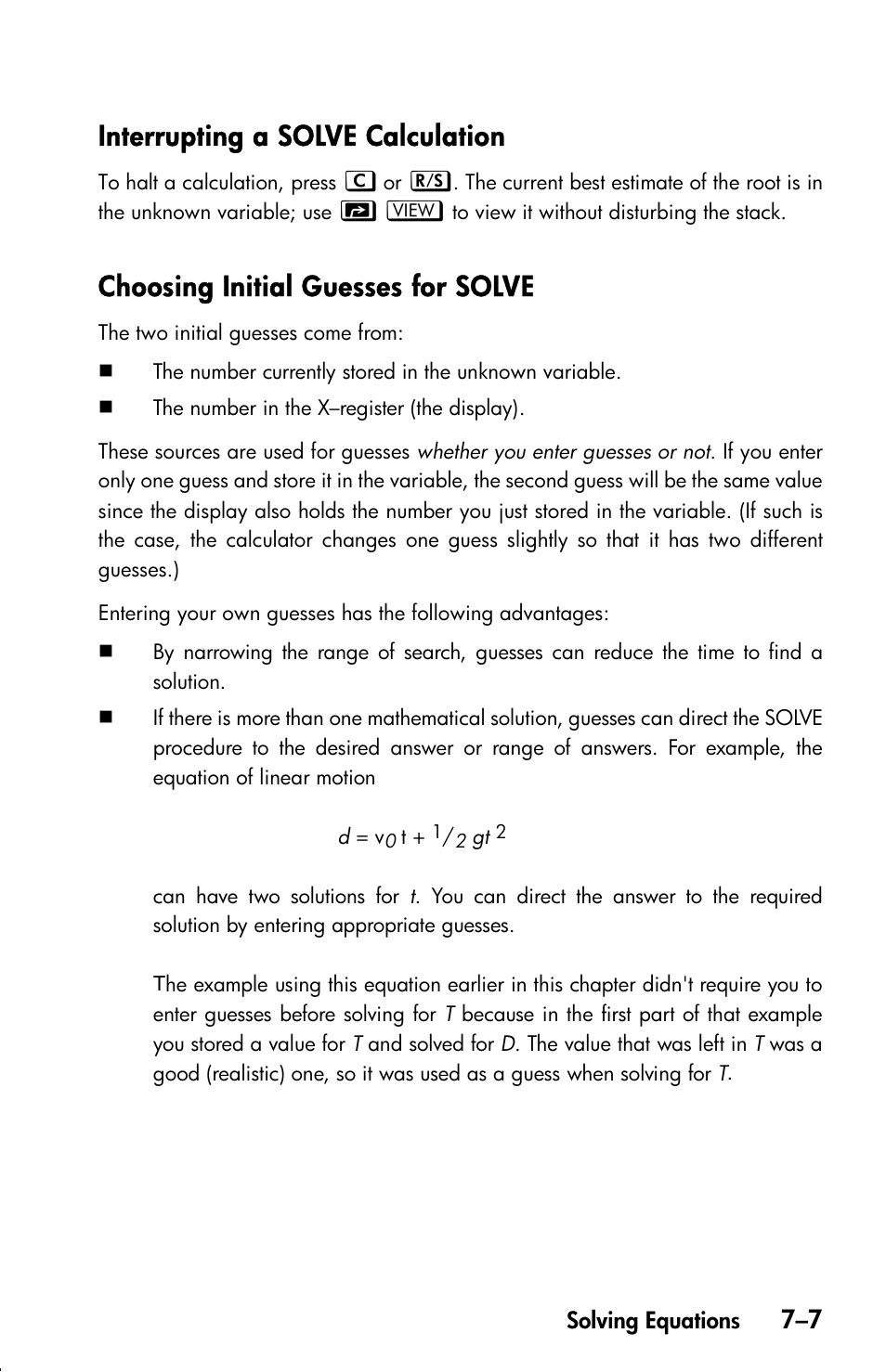 Interrupting a solve calculation, Choosing initial guesses for solve | HP 33s User Manual | Page 117 / 387