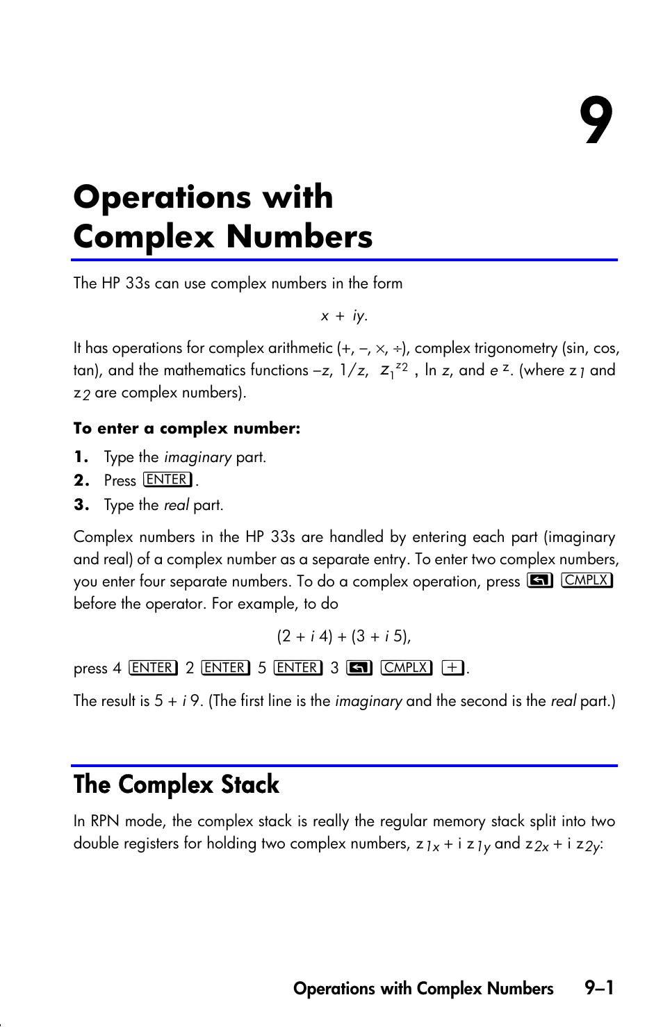 Operations with complex numbers, The complex stack | HP 33s User Manual | Page 131 / 387