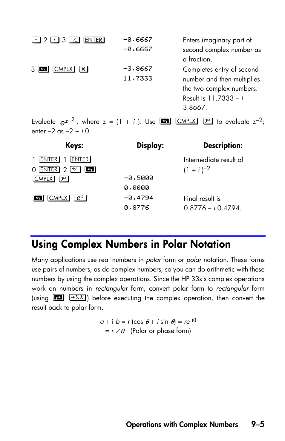 Using complex numbers in polar notation | HP 33s User Manual | Page 135 / 387