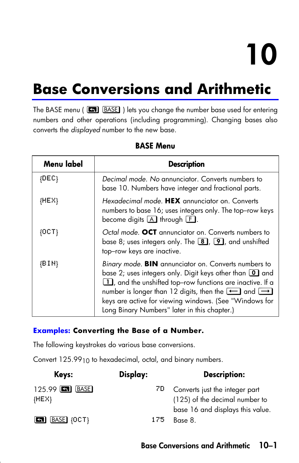 Base conversions and arithmetic | HP 33s User Manual | Page 139 / 387