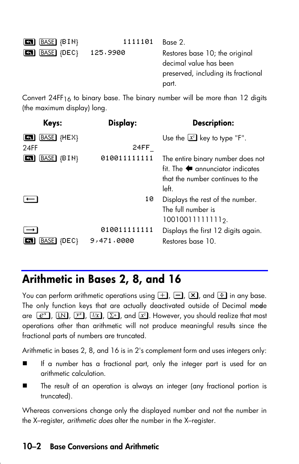 Arithmetic in bases 2, 8, and 16 | HP 33s User Manual | Page 140 / 387