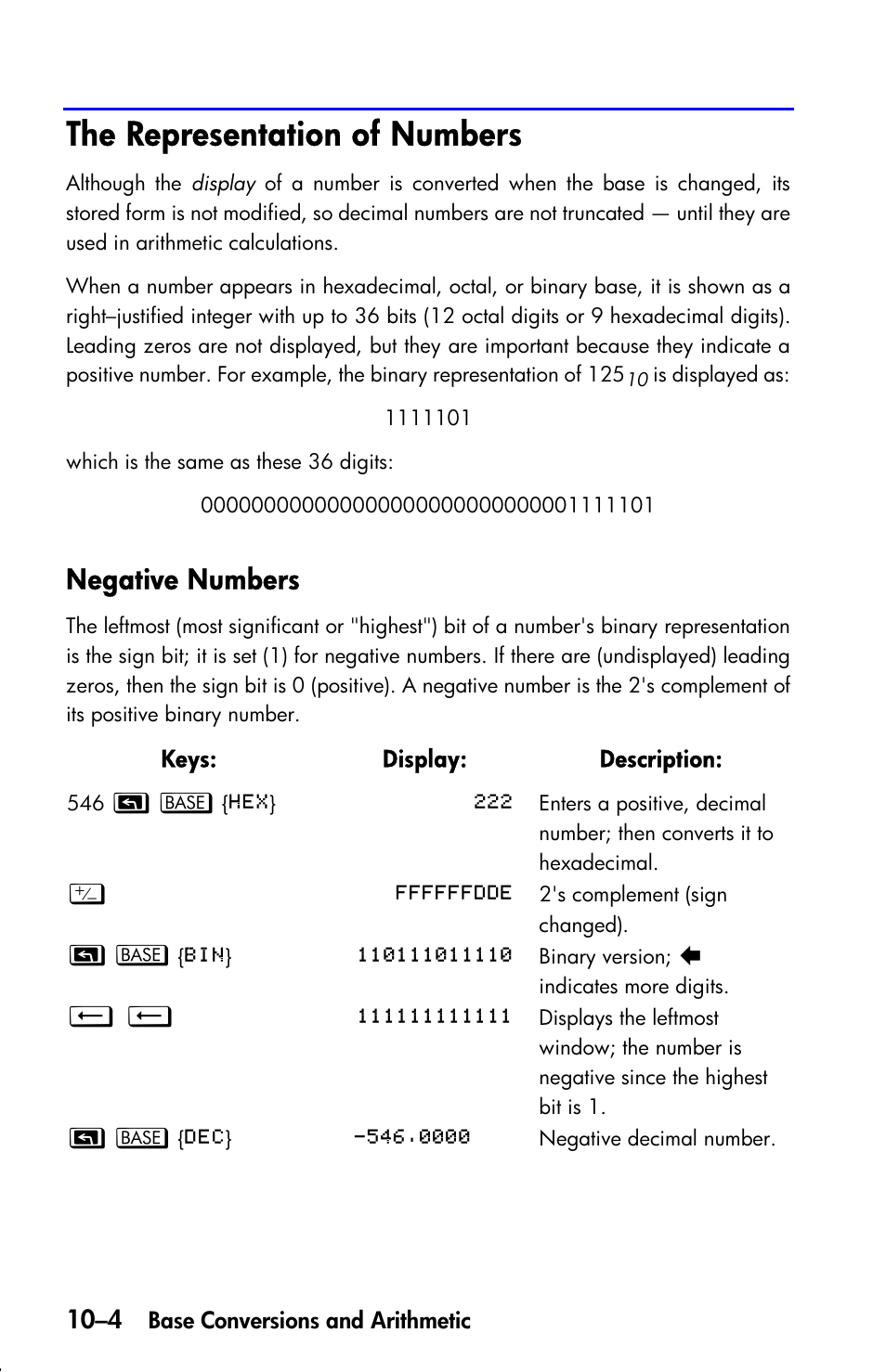 The representation of numbers, Negative numbers | HP 33s User Manual | Page 142 / 387