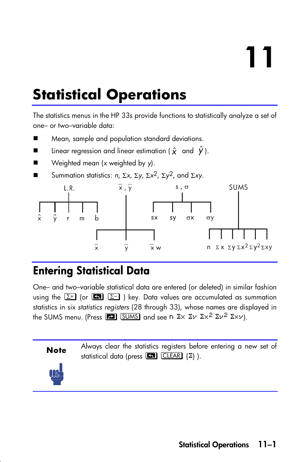 Statistical operations, Entering statistical data | HP 33s User Manual | Page 145 / 387