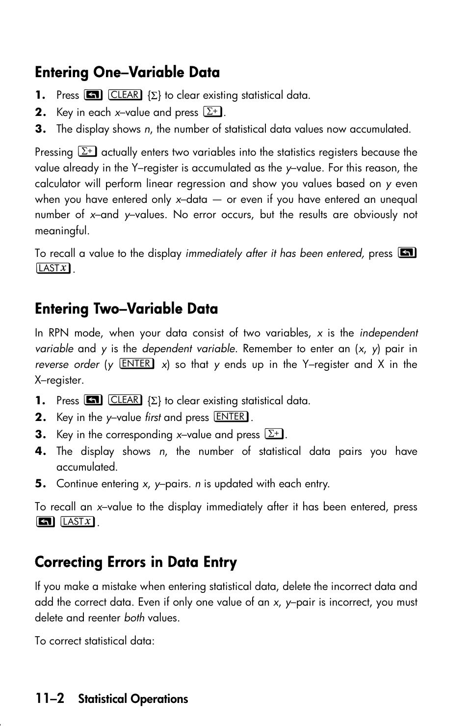 Entering one–variable data, Entering two–variable data, Correcting errors in data entry | HP 33s User Manual | Page 146 / 387