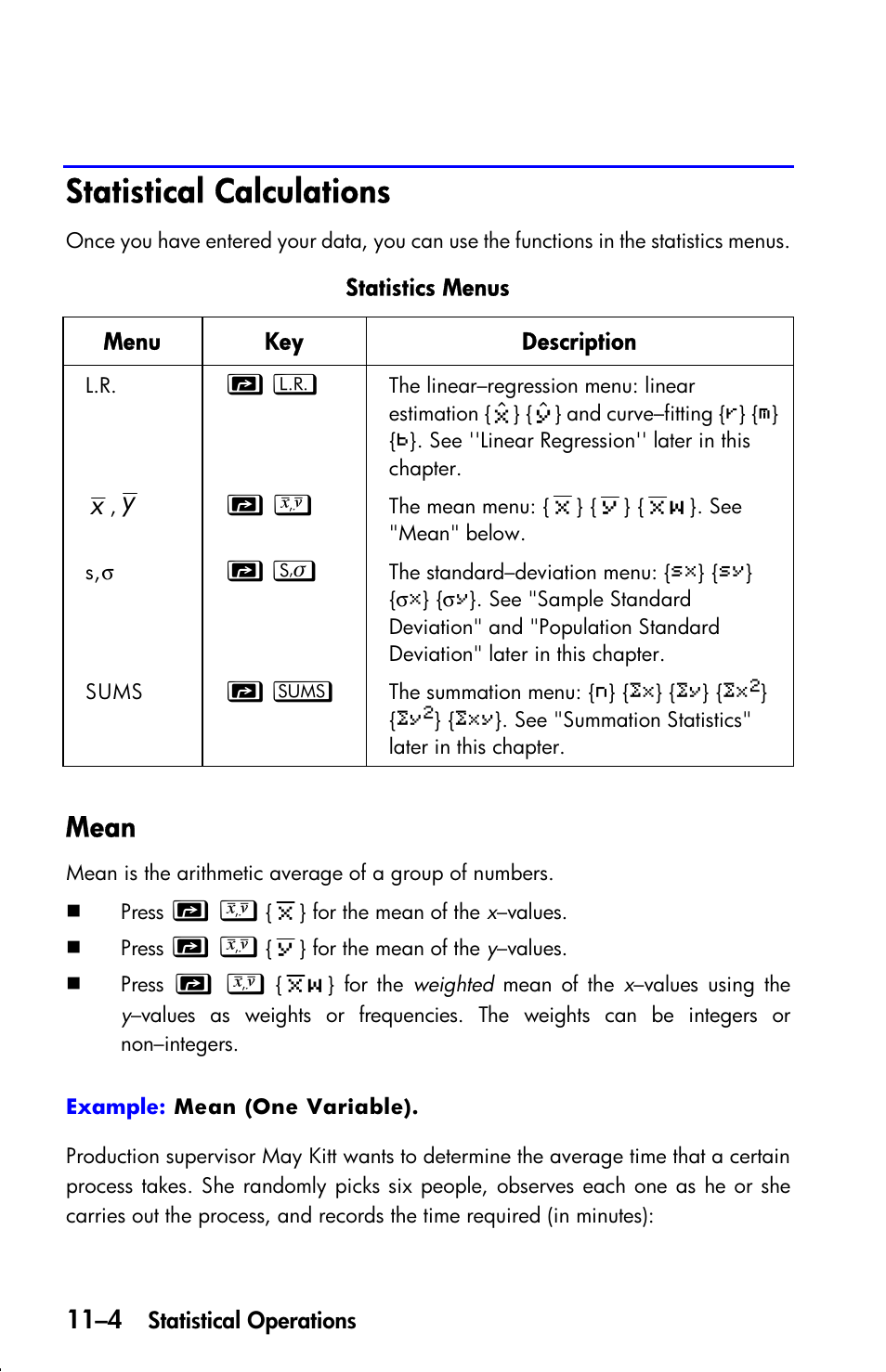 Statistical calculations, Mean | HP 33s User Manual | Page 148 / 387