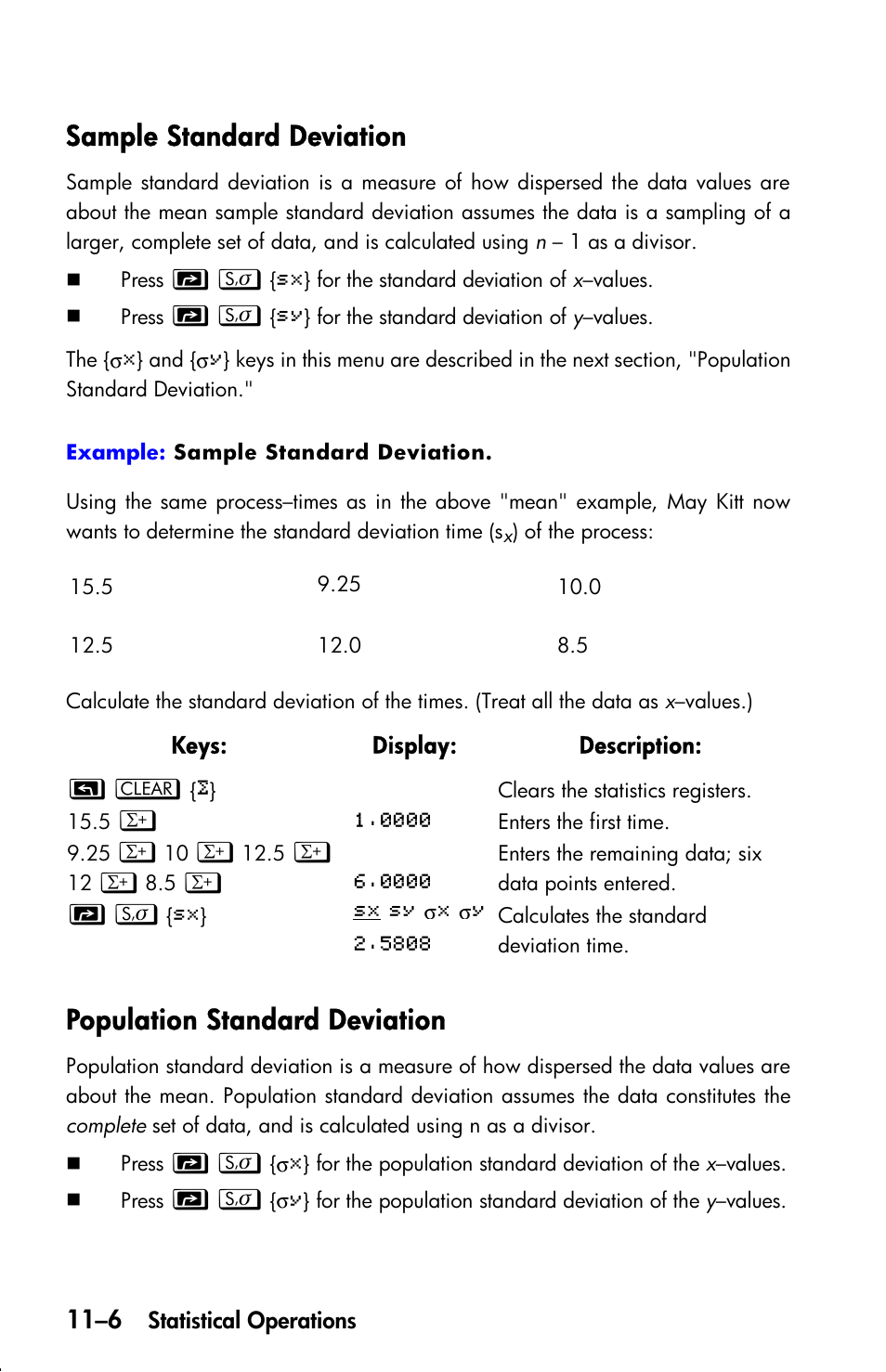 Sample standard deviation, Population standard deviation | HP 33s User Manual | Page 150 / 387