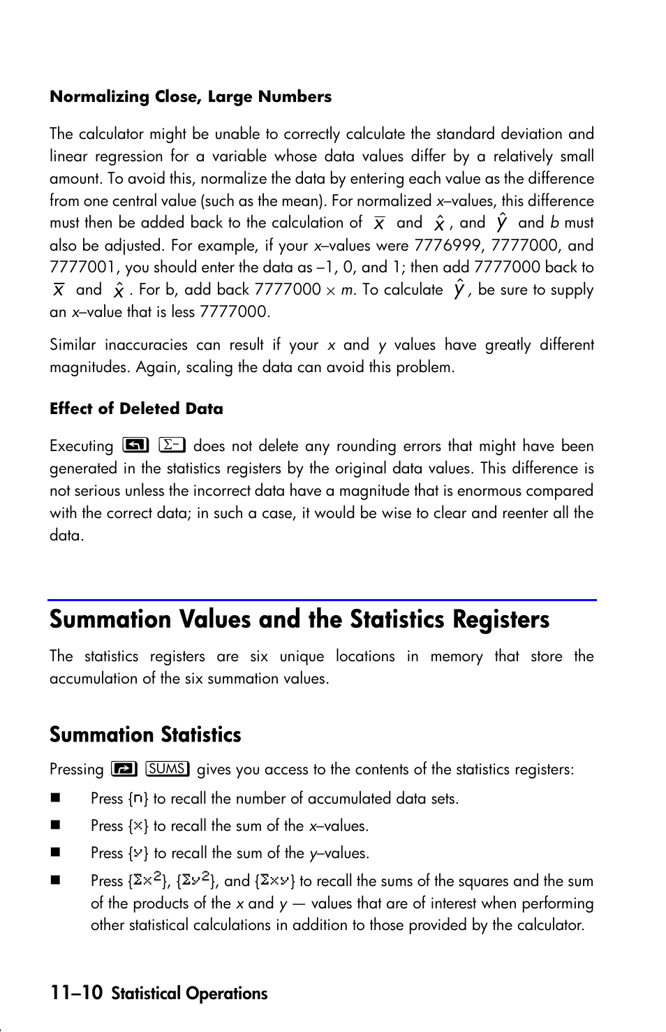 Summation values and the statistics registers, Summation statistics | HP 33s User Manual | Page 154 / 387