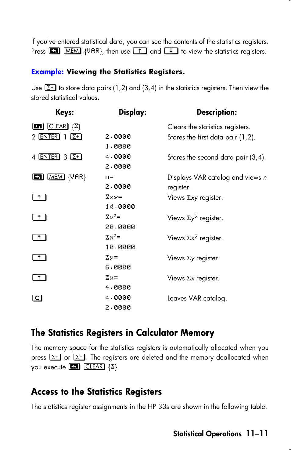 The statistics registers in calculator memory, Access to the statistics registers | HP 33s User Manual | Page 155 / 387