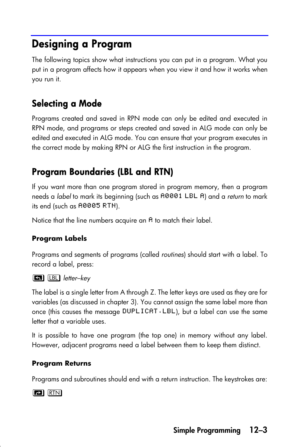 Designing a program, Selecting a mode, Program boundaries (lbl and rtn) | HP 33s User Manual | Page 161 / 387