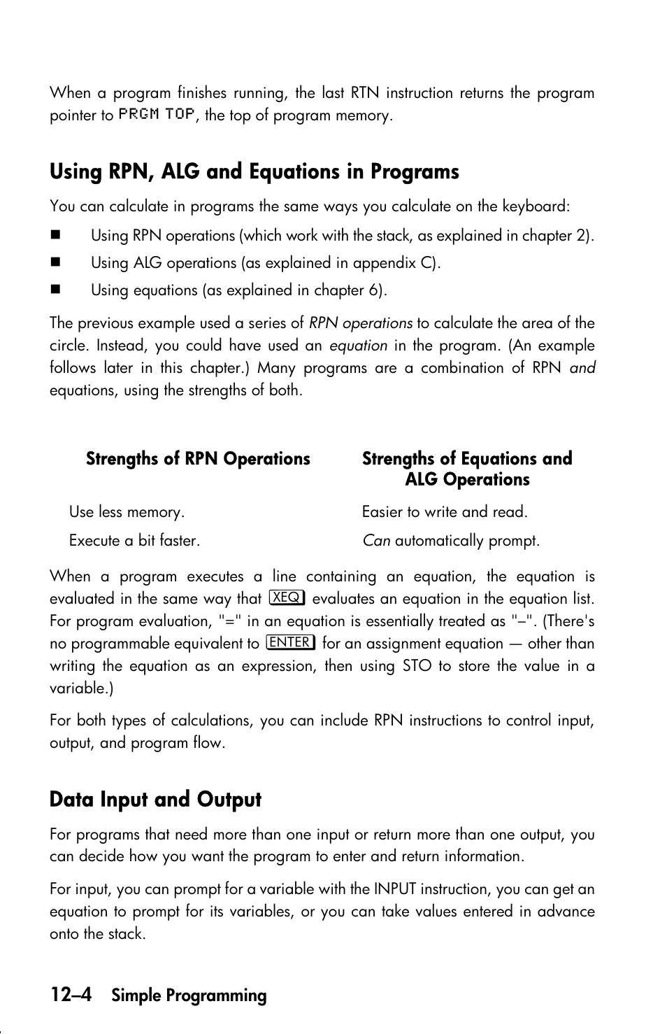 Using rpn, alg and equations in programs, Data input and output | HP 33s User Manual | Page 162 / 387
