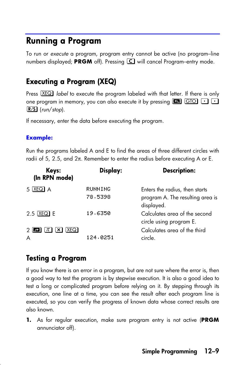 Running a program, Executing a program (xeq), Testing a program | HP 33s User Manual | Page 167 / 387